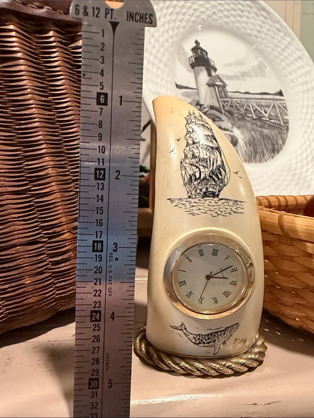 Nantucket Ivory Decorative Clock with Sailing Ship Whale scrimshaw by Joe Luiz